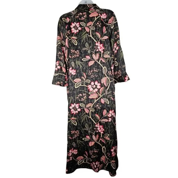 Tuckernuck Womens M Bamboo Black Floral Midi Shirt Dress Round Slits Hem Peasant - Picture 3 of 16